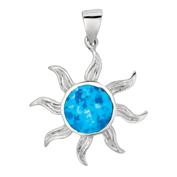 Sterling Silver Rhodium Plated Created Opal Sun Pendant