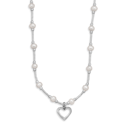 Sterling Silver 14 Inch +2 Inch Extention Cultured Fw Pearl Necklace Open Heart Drop - 14 Inch
