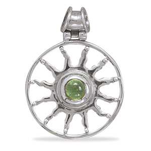 Sterling Silver Round Peridot Cabochon Sun Design Slide Height 38mm With 5mm Round Peridot Charm