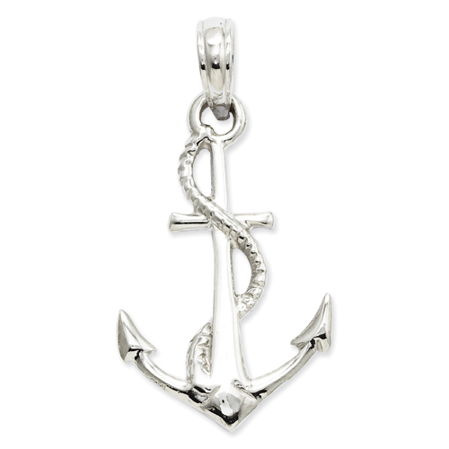 14 Karat White Gold 3-D Anchor with Rope Pendant - Measures 24.3x13.1mm