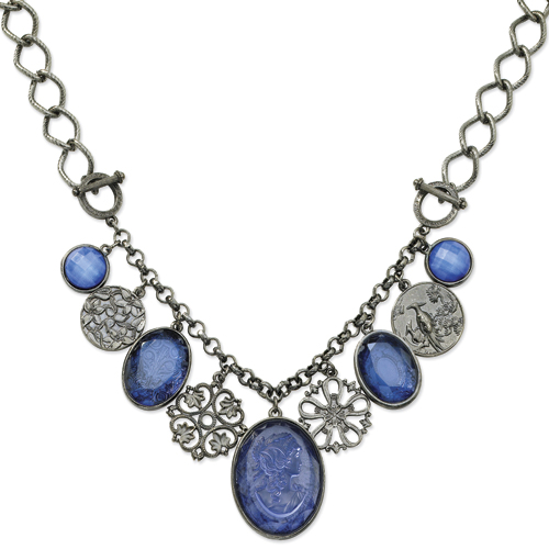 Black-plated Etched Blue Crystal Multi Drop 16 In  Necklace.