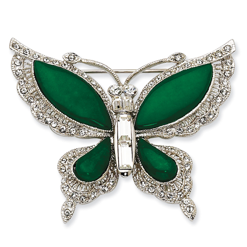 Silver-tone Swarovski Element Crystal Simulated Jade Butterfly Pin