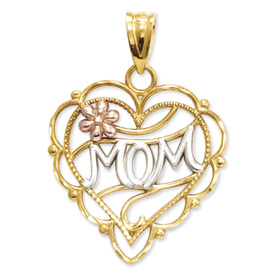 14k Two Tone and Rhodium Diamond-Cut Mom in Heart Pendant