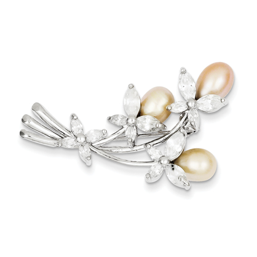 Sterling Silver Freshwater Pearl and Cubic Zirconia Floral Pin
