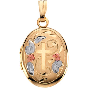 14k Yellow Gold Tri Color Oval Shaped Locket Cross 16x13mm