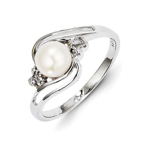 Sterling Silver Rhodium 6mm FW Cult Button Pearl and Rough Diamond Ring - Size 6