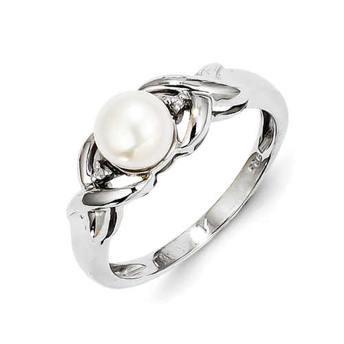 Sterling Silver Rhodium FW Cultured Button Pearl and Rough Diamond Ring - Size 8