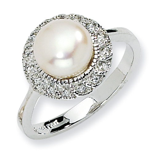 Sterling Silver CZ White Cultured Pearl Ring - Size 7