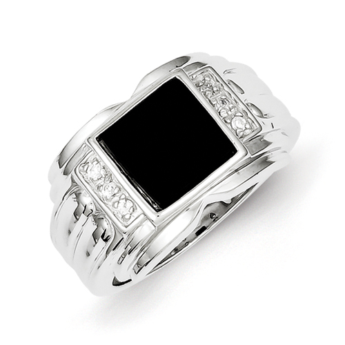 Sterling Silver Mens CZ and Onyx Ring - Size 9