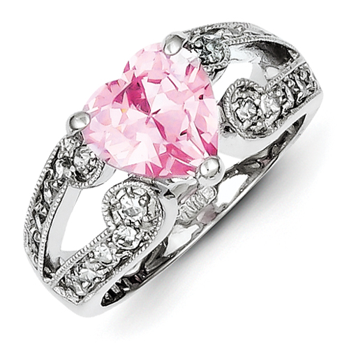 Sterling Silver 10mm Pink and Clear CZ Heart Ring - Size 8