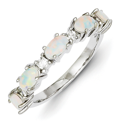 Sterling Silver Created Opal and CZ Ring - Size 6