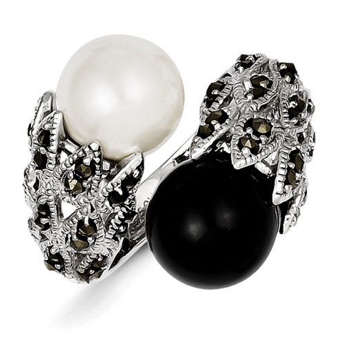 Sterling Silver CZ Black White Cultured Pearl Ring