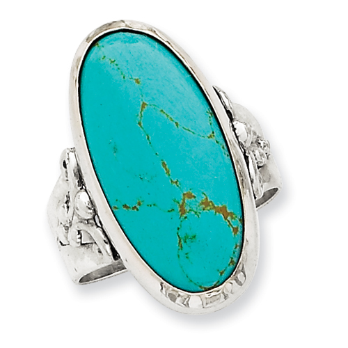 Sterling Silver Antiqued Oval Created Turquoise Ring - Size 8