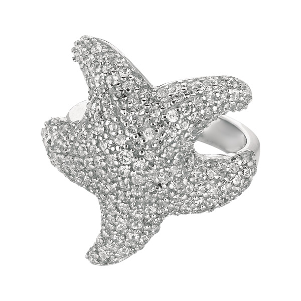 Sterling Silver CZ Rhodium Plated Fancy Starfish Ring - Size 7