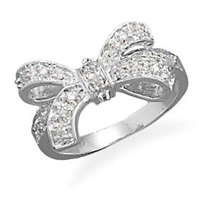 Rhodium Plated Sterling Silver Clear CZ Bow Ring Bow Is 17mmx12mm