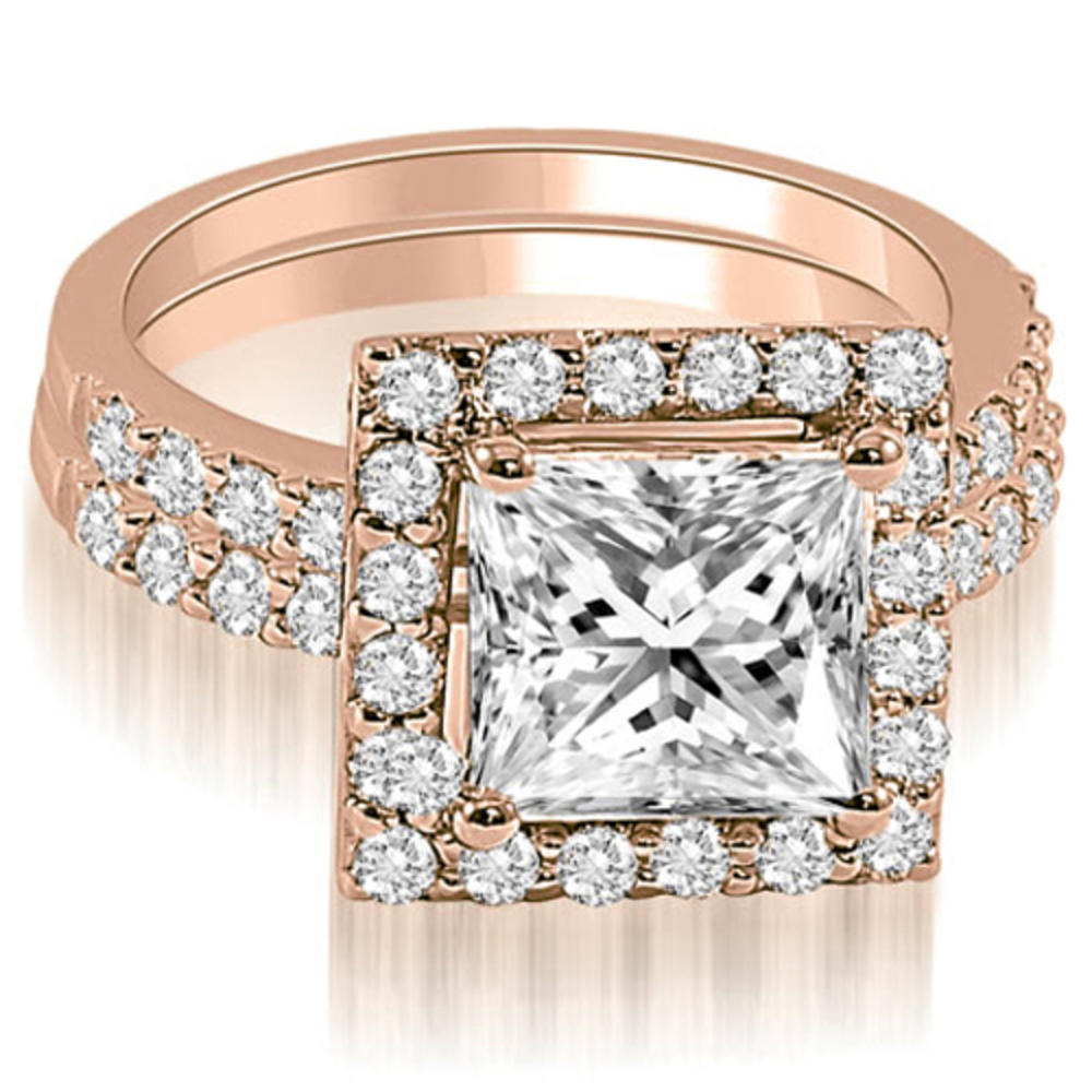 1.21 cttw. 18K Rose Gold Princess And Round Cut Halo Diamond Bridal Set (I1, H-I)