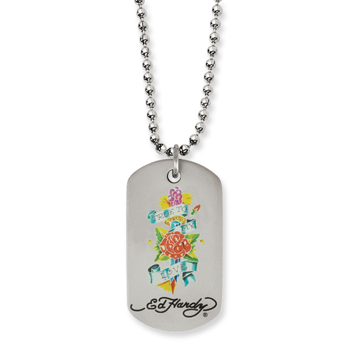 Stainless Steel Ed Hardy True To Love Dog Tag Painted 24inch Necklace