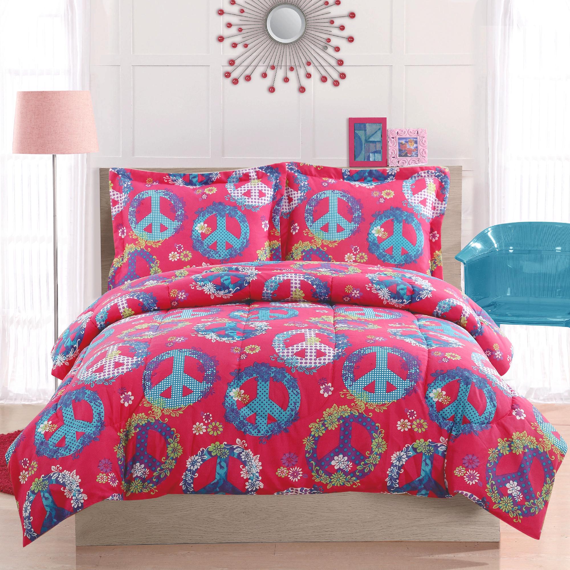 Peace Sign Pink Full Comforter and Pillow Shams