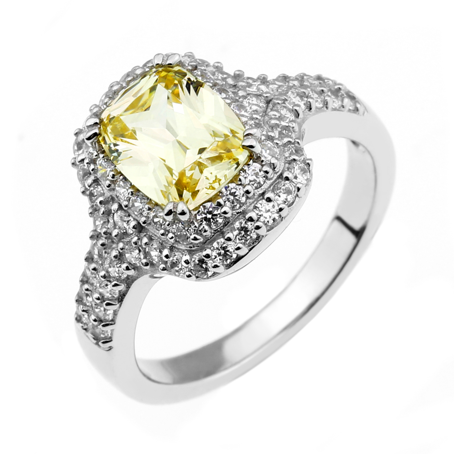 Sterling Silver Cubic Zirconia YellowCushion Cut Double Halo Ring