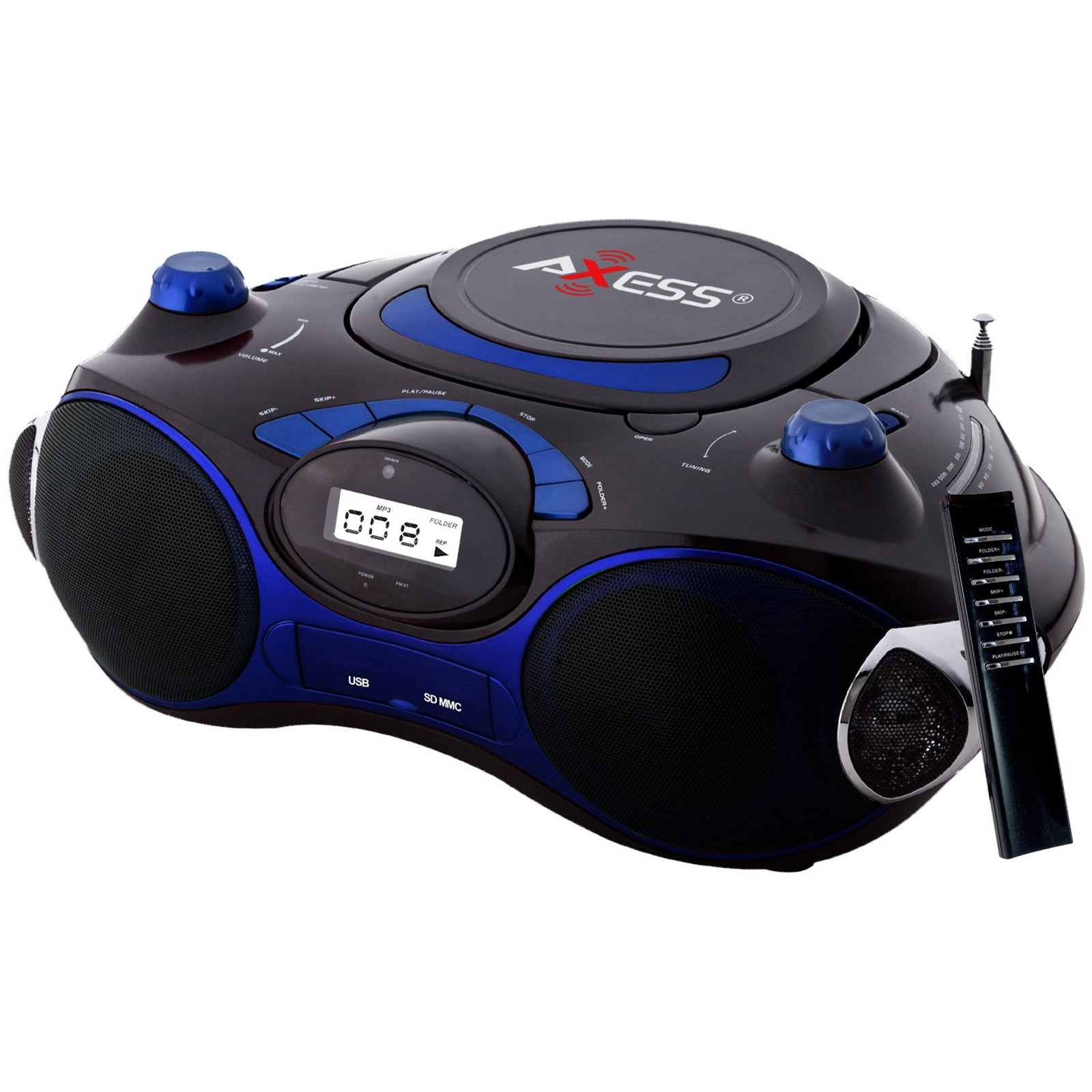 Axess 97084824M Blue Portable Boombox MP3/CD Player with Text Display