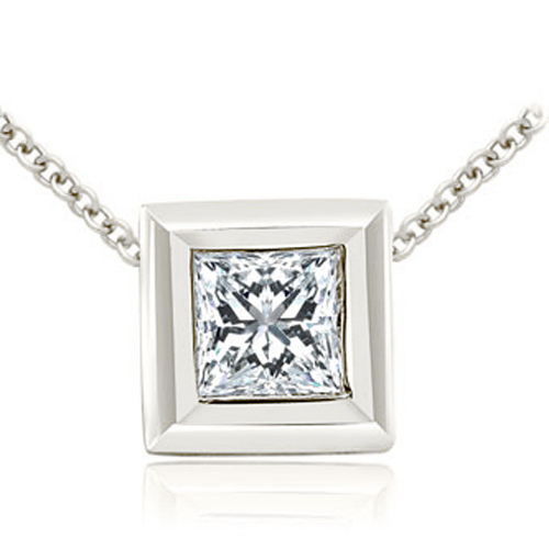 0.75 cttw. Platinum Princess Cut Diamond Bezel Solitaire Pendant (VS2, G-H)