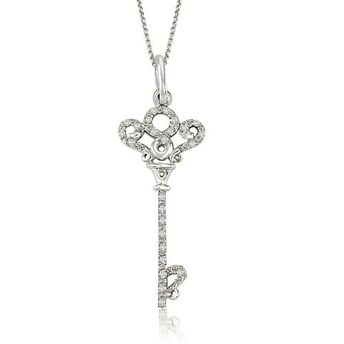 0.10 Cttw 18K White Gold Diamond Skeleton Key Necklace