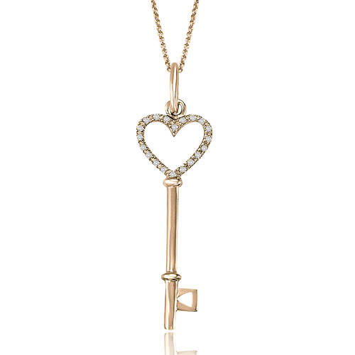 0.10 Cttw Round Cut 14k Rose Gold Diamond Heart Shaped Key Pendant