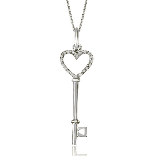 Ladies 0.10 Cttw. 14K White Gold Diamond Key Pendant Necklace