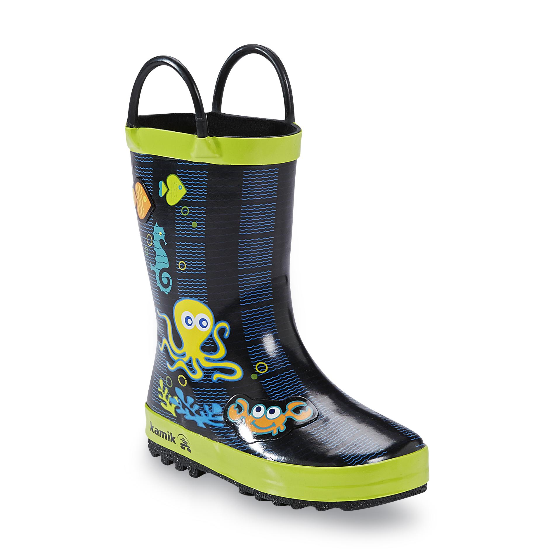 Kamik Boy's 7" Blue/Green Rubber Rain Boot - Octopus & Sea Creatures