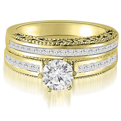 2.12 cttw. Yellow Gold Round and Princess Cut Diamond Wedding Ring Set