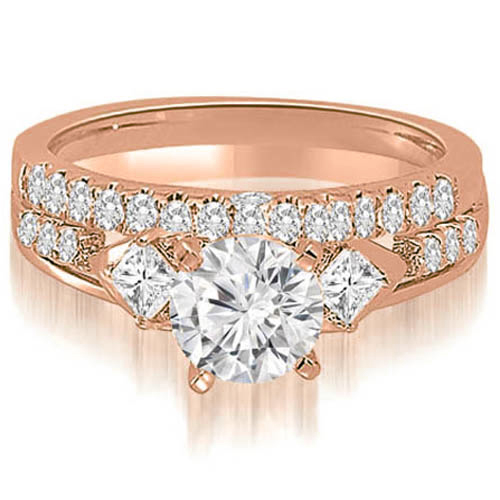 1.37 Cttw Round and Princess Cut 18k Rose Gold Diamond Bridal Set