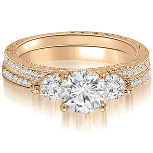 1.36 cttw. 14K Rose Gold Antique Three-Stone Round Diamond Bridal Set (I1, H-I)