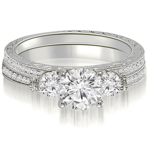 0.86 cttw. 14K White Gold Antique Three-Stone Round Diamond Bridal Set (I1, H-I)