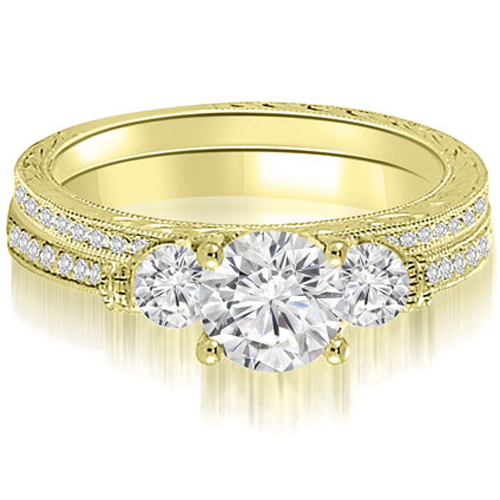 0.81 cttw. 14K Yellow Gold Antique Three-Stone Round Diamond Bridal Set (I1, H-I)