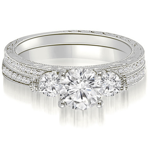 1.11 cttw. 18K White Gold Antique Three-Stone Round Diamond Bridal Set (I1, H-I)