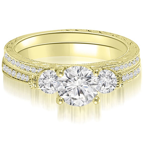 0.81 cttw. 18K Yellow Gold Antique Three-Stone Round Diamond Bridal Set (I1, H-I)