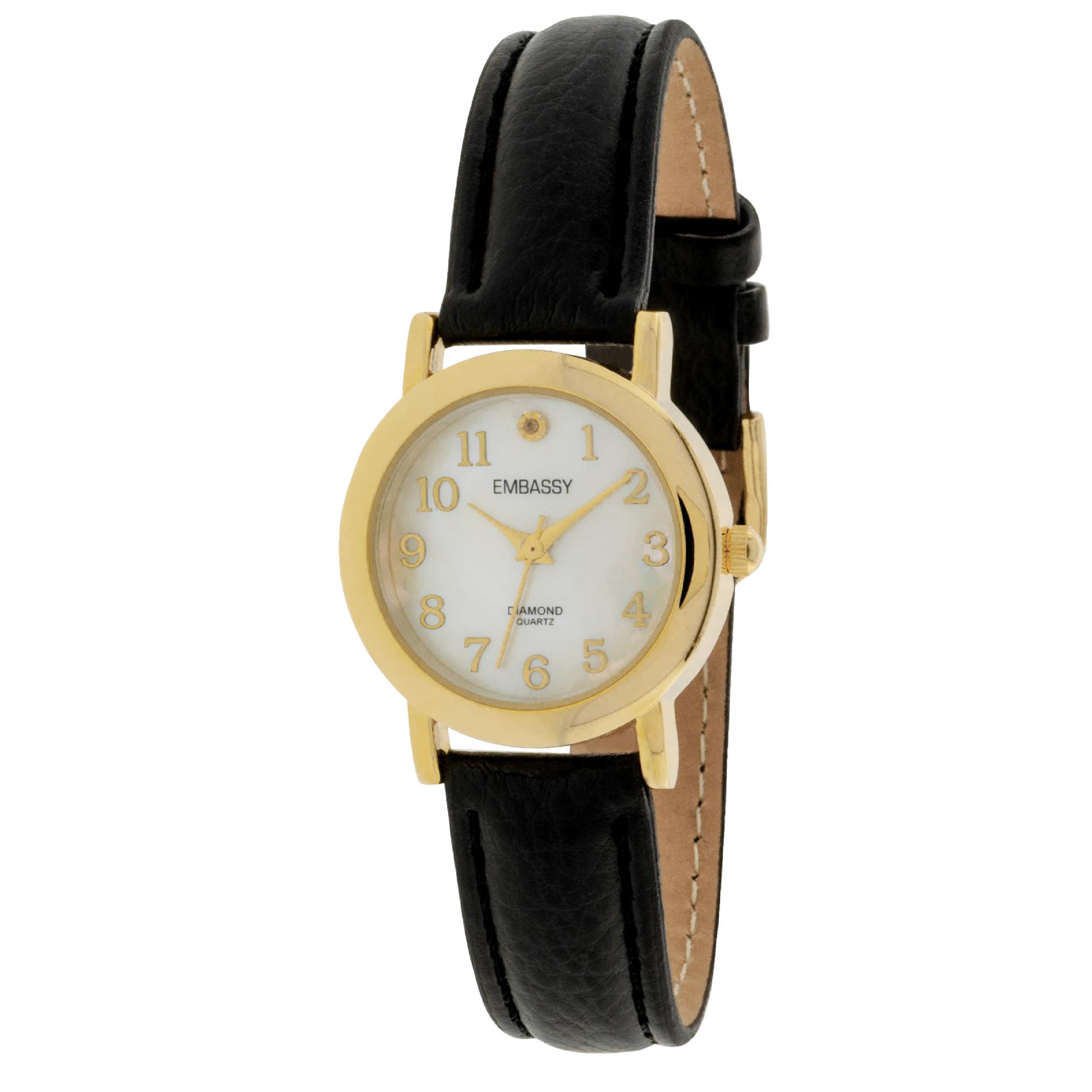 Ladies  Black Strap Mother of Pearl Dial Watch