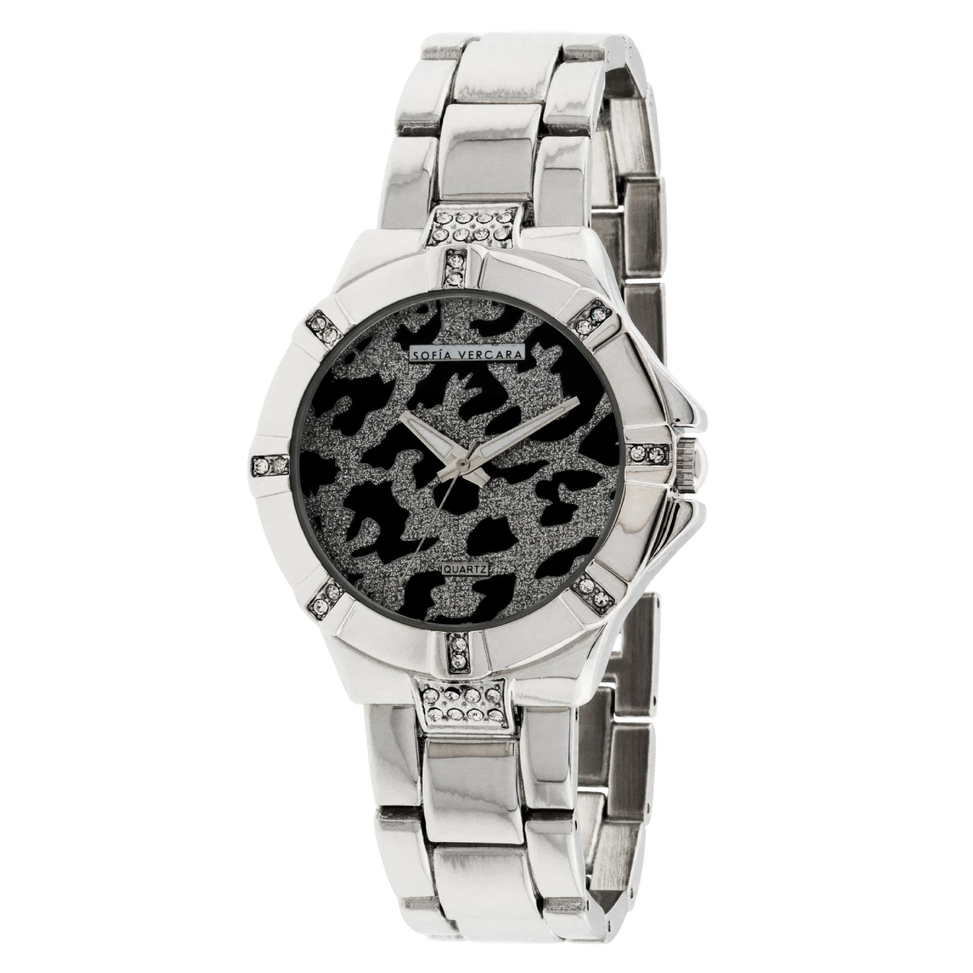 Ladies  Black and Silver Link Leopard Dial Bangle Watch