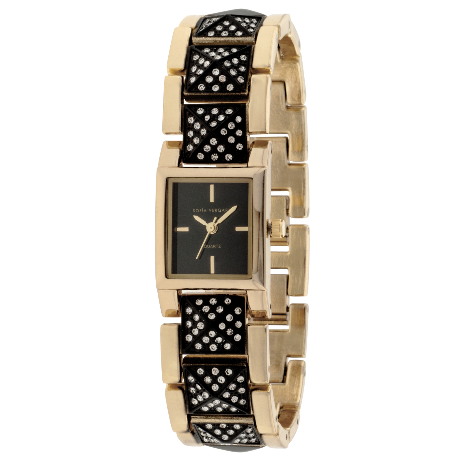 Ladies Gold Black and Link  Pyramid Stud Bracelet Watch