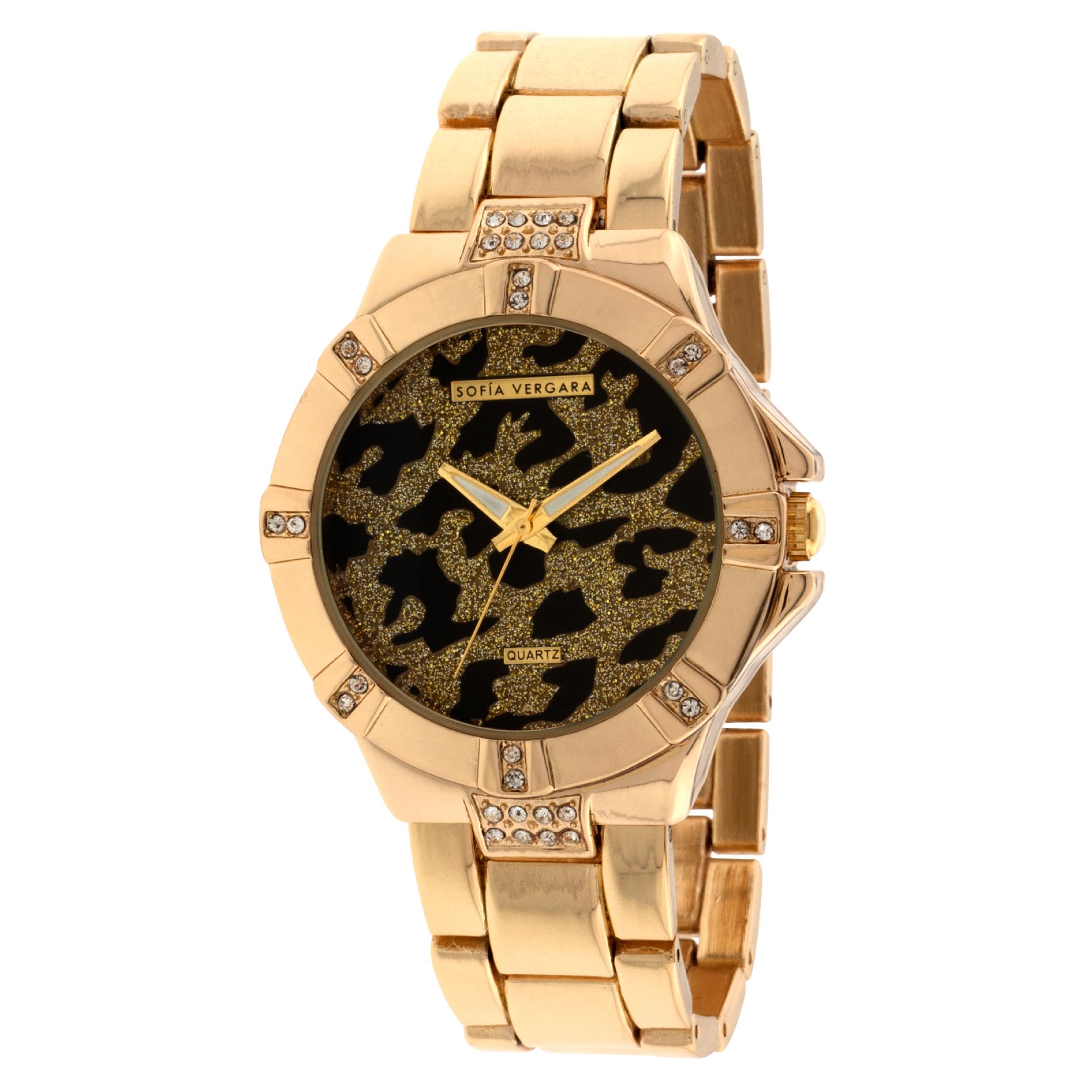 Ladies Gold Link  Bracelet Black Leopard Dial Watch