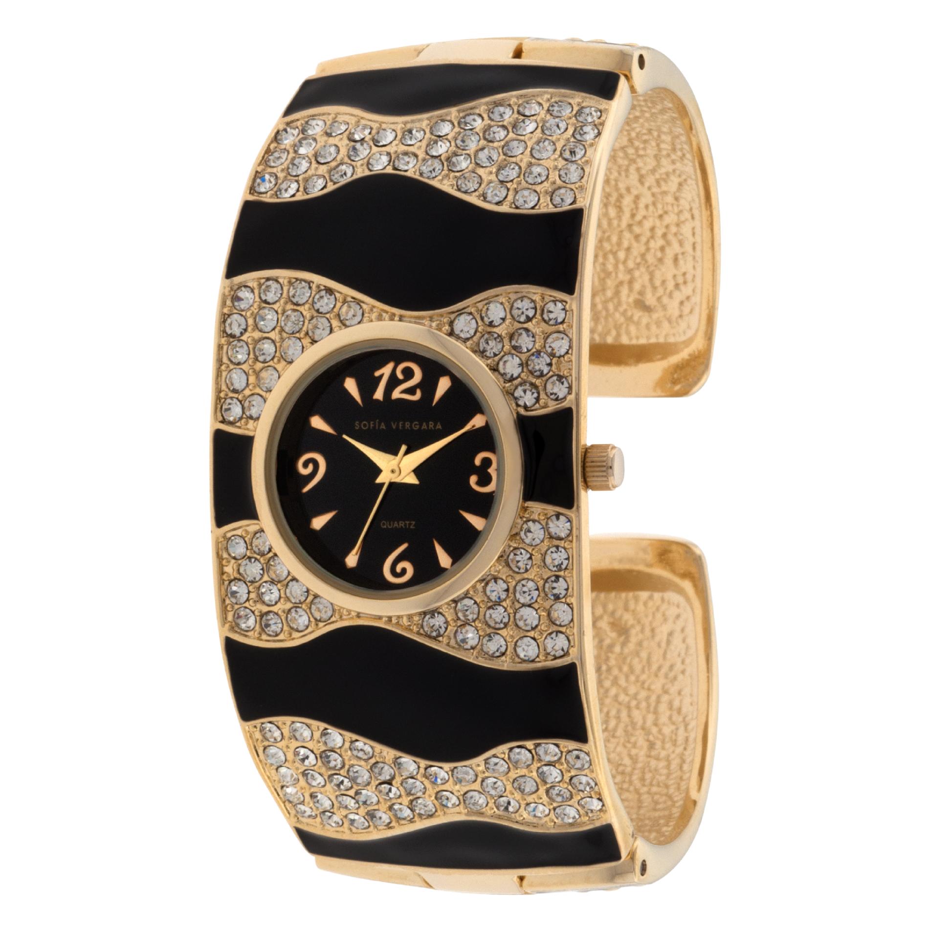 Ladies Gold Glitz Bangle With Black Strips Watch