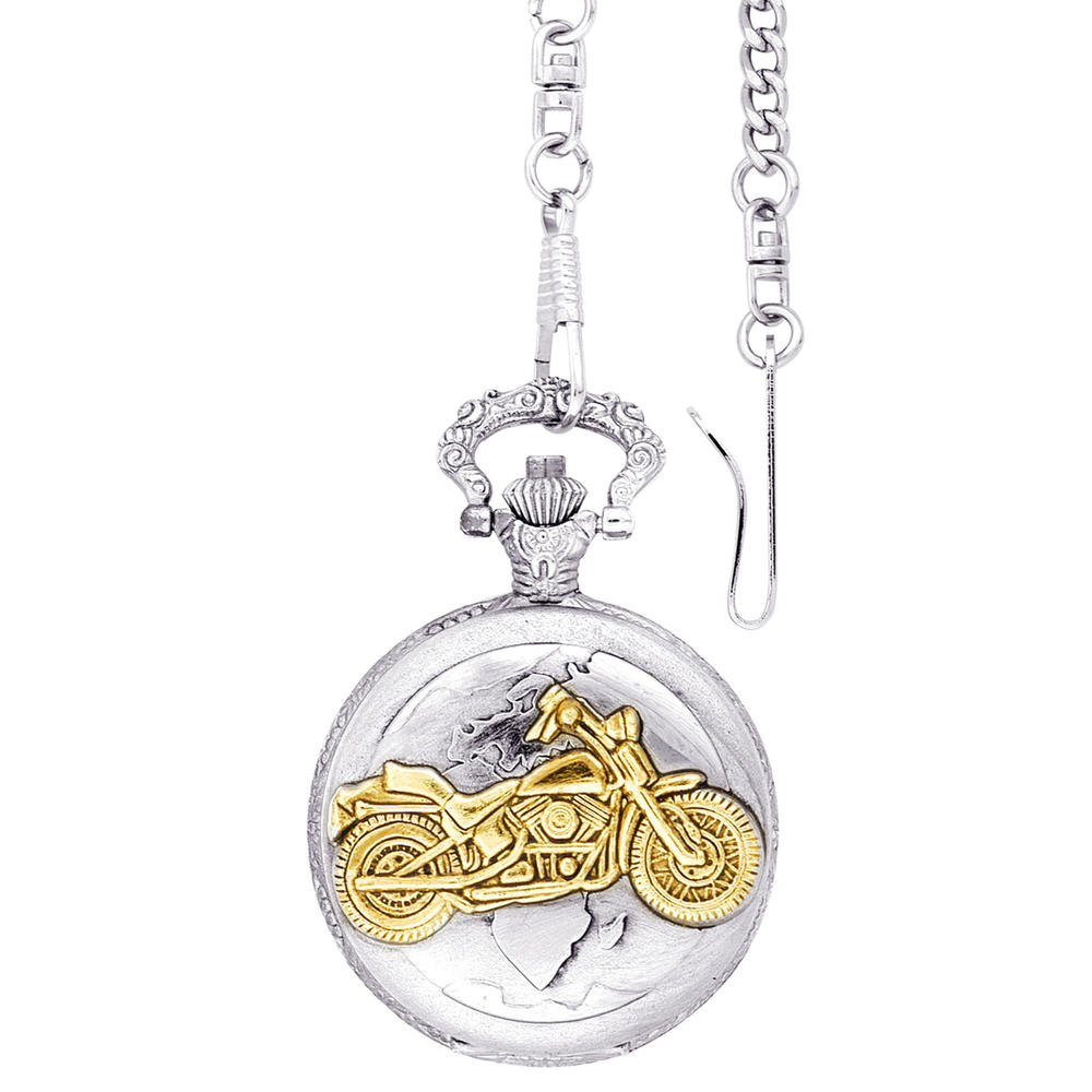 Men's Two Tone Covered Pocket Watch With Gold Motorcycle On Cover