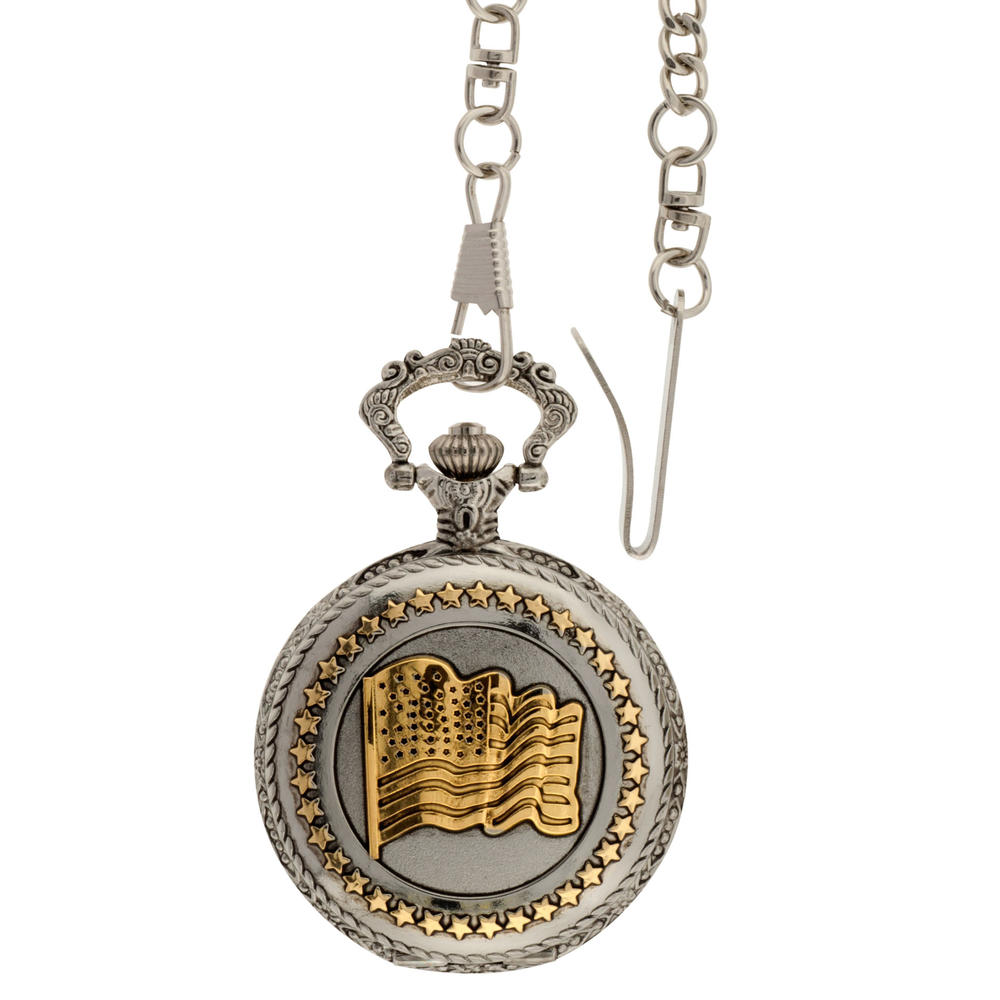 Men's Two Tone Covered Pocket Watch With Gold American Flag On Cover
