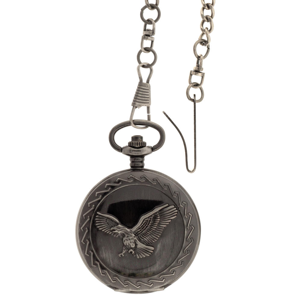Men's Silver  Covered Pocket   Watch With Silver /Black  Flying Eagle On Cover