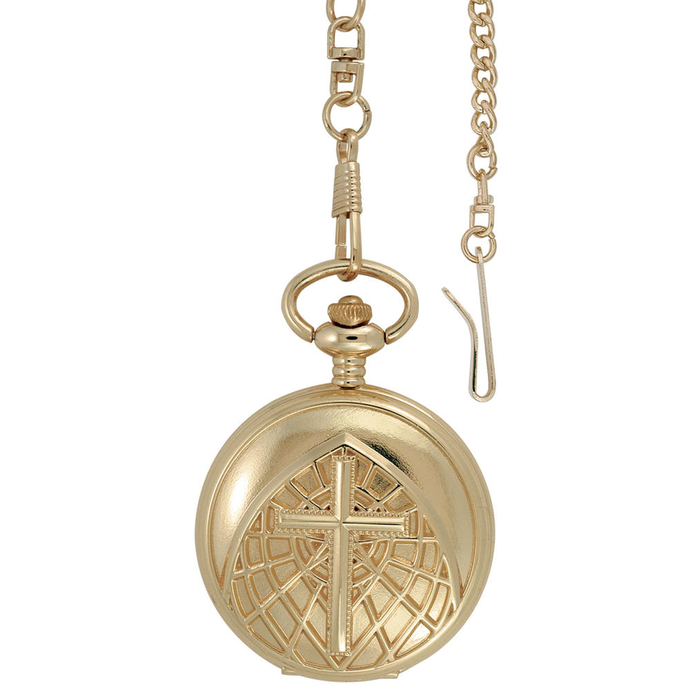 Men's Gold Covered Pocket Watch With Gold Cross On Cover
