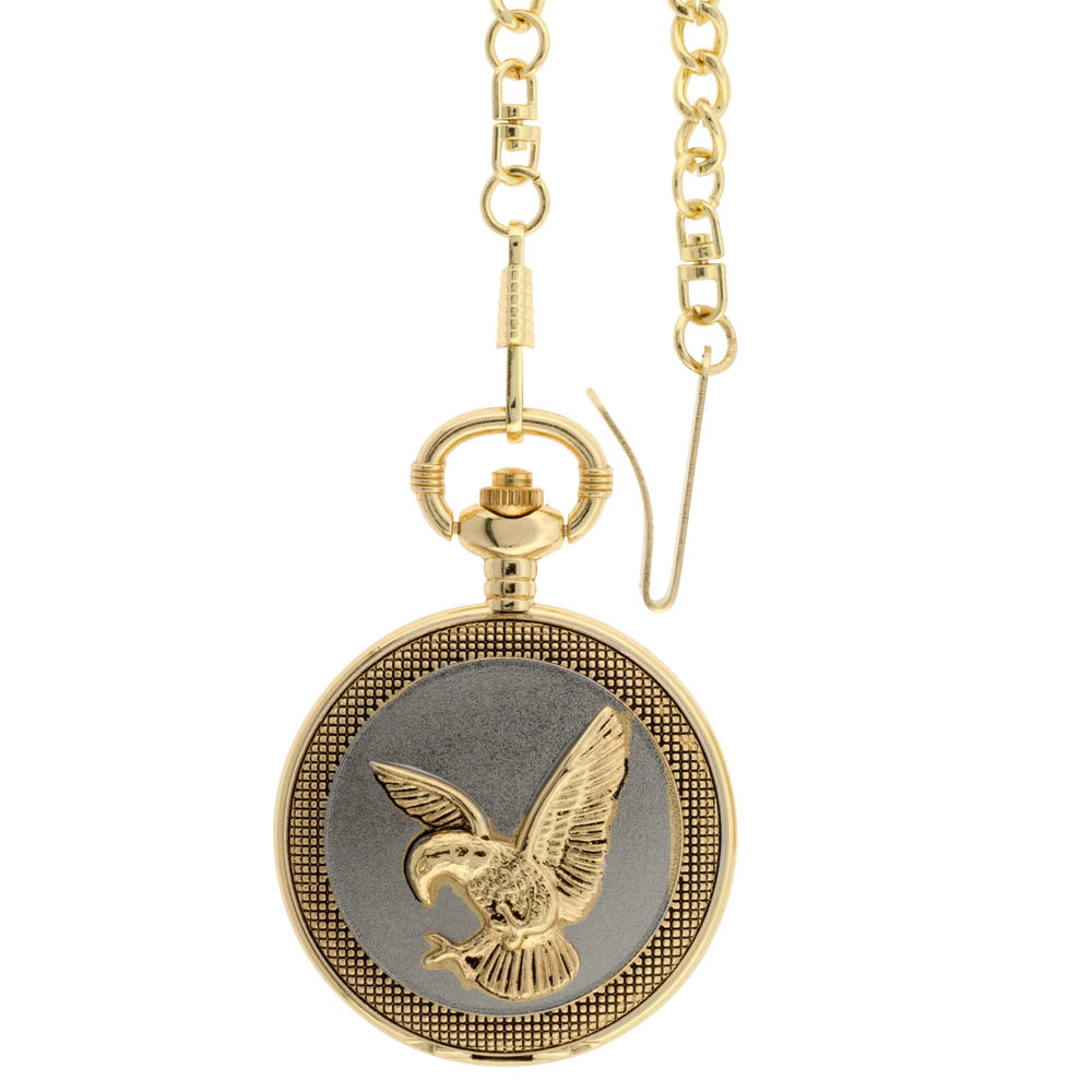 Men's Two Tone Covered Pocket  Watch Gold Eagle With Black Accents On Cover