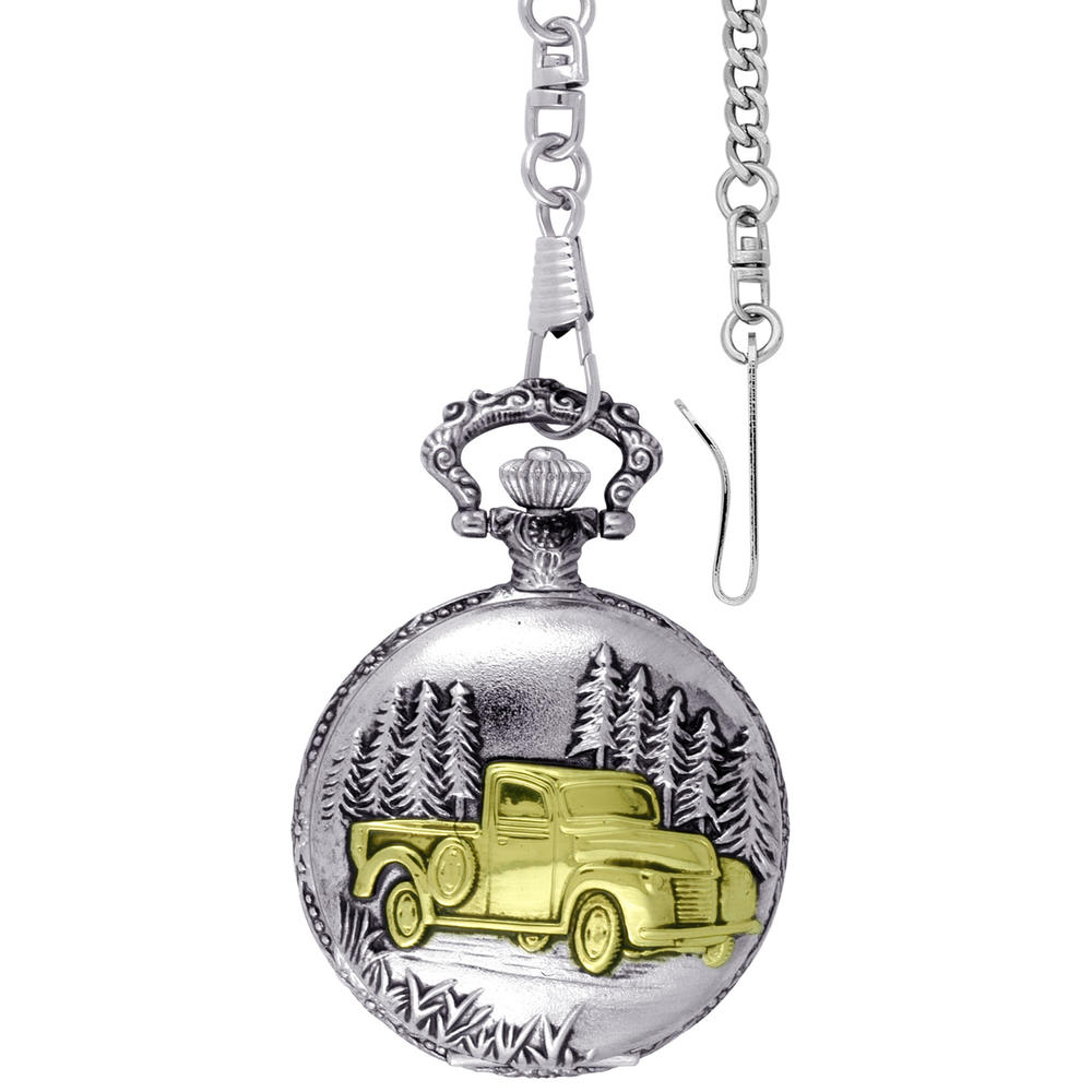 Men's Two Tone Covered Pocket   Watch With Gold Truck On Cover