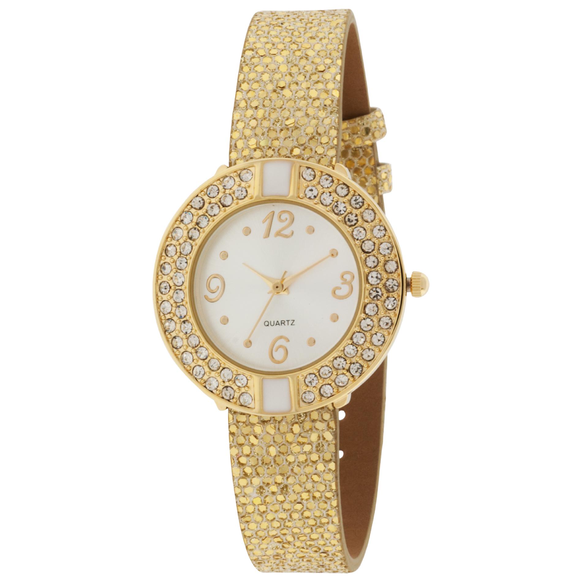 Ladies Gold Glitter Strap With Double Row Watch
