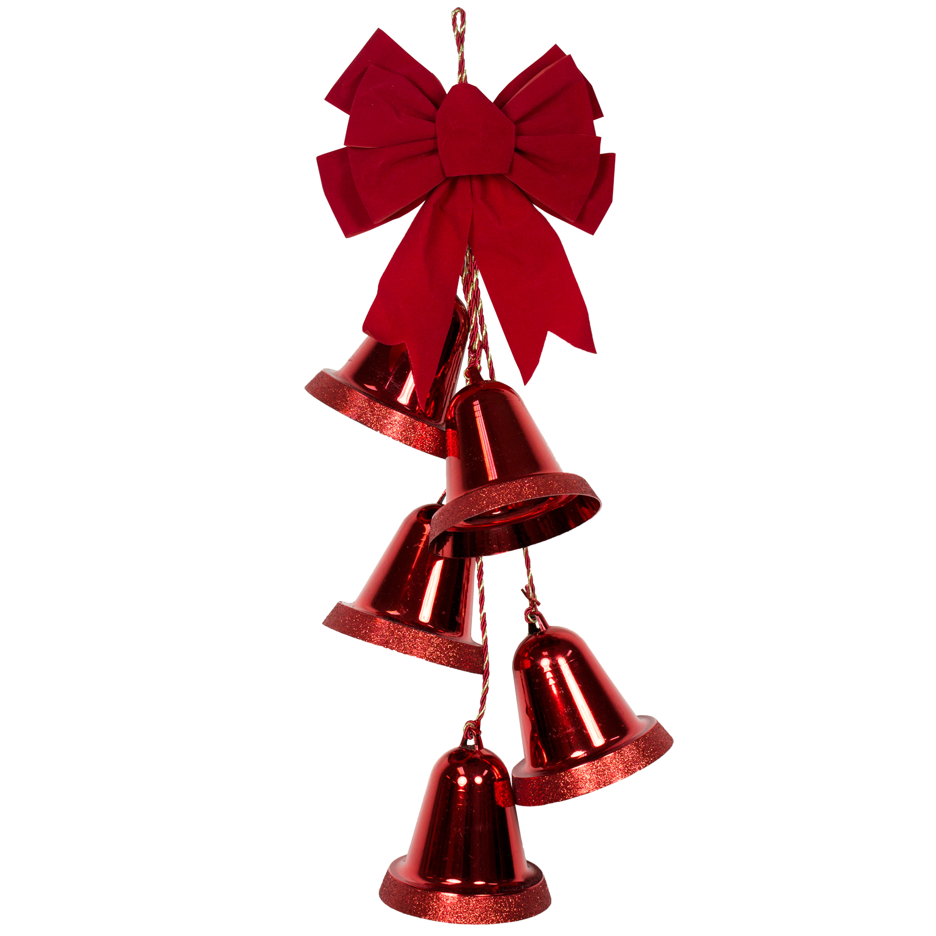23" Set of 5" 5pc Red Bells - Shiny Bells with Flocked Bow