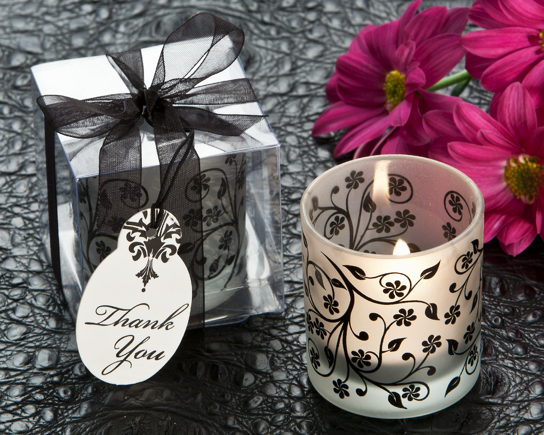 "Frosted Elegance" Black and White Tea Light Candle Holder (Set of 4) [Case Pack of 24]